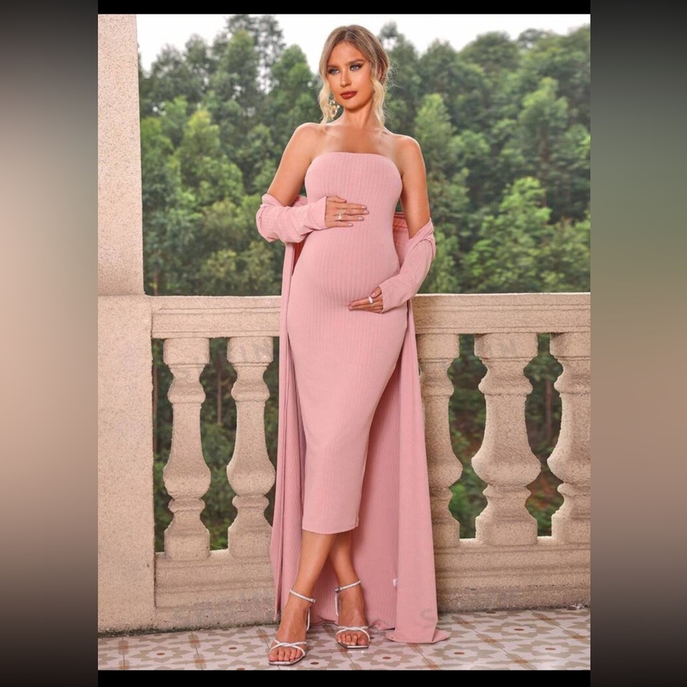 2pcs pink Maternity Solid Color
Ribbed Tube Dress And Jacket Set